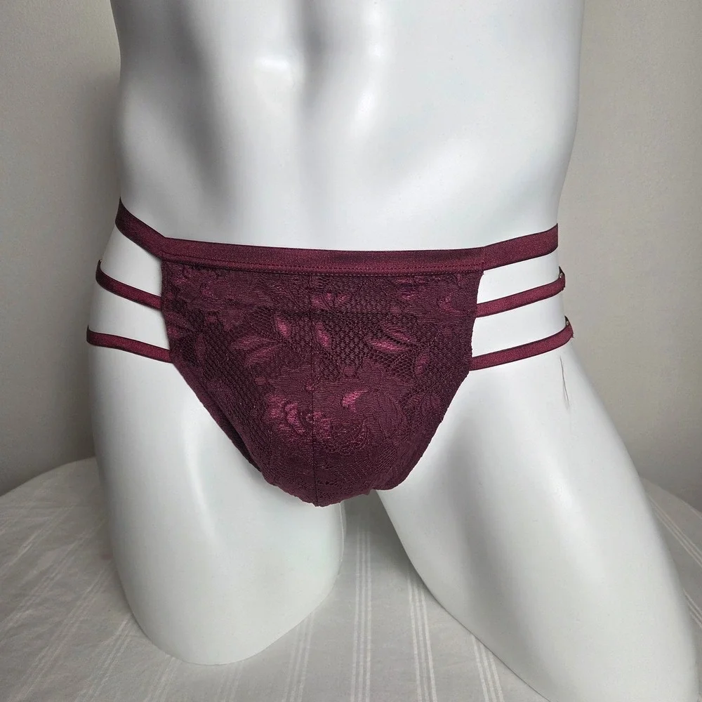 Cosabella Mens Bordeaux Floral Lace Triple Strap Adjustable Thong Underwear Vino